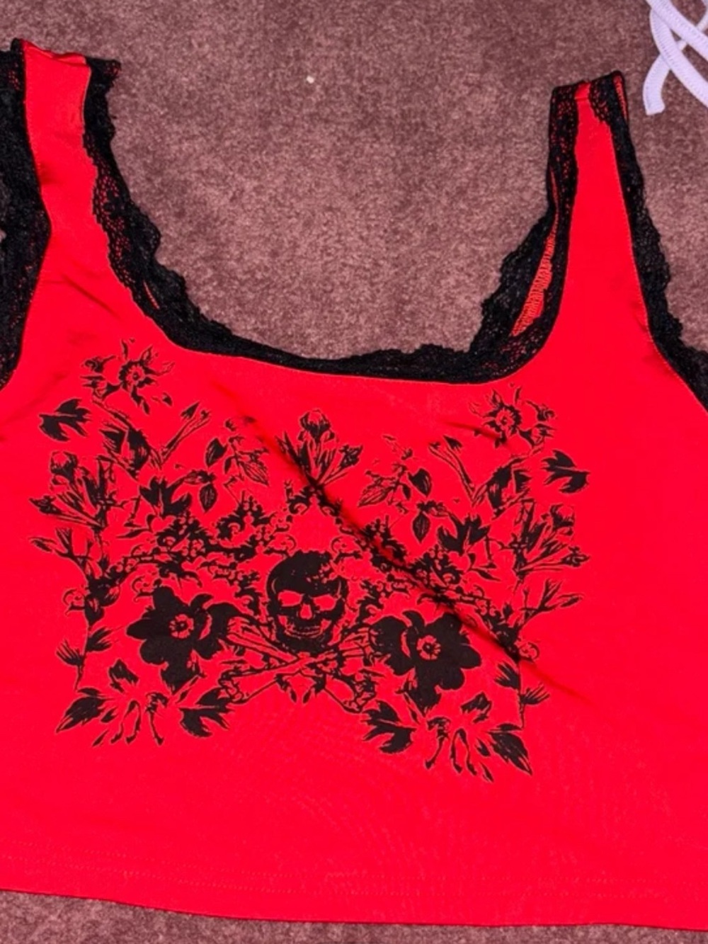 SHEIN Red Crop Tank Top with Black Skull Floral Print
